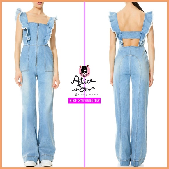 Alice + Olivia Pants - Alice + Olivia Gorgeous Wide Leg Open Back Denim Jeans Jumpsuit